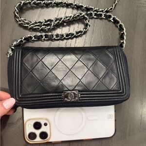 CHANEL Boy Black Quilted Leather Wallet on chain crossbody